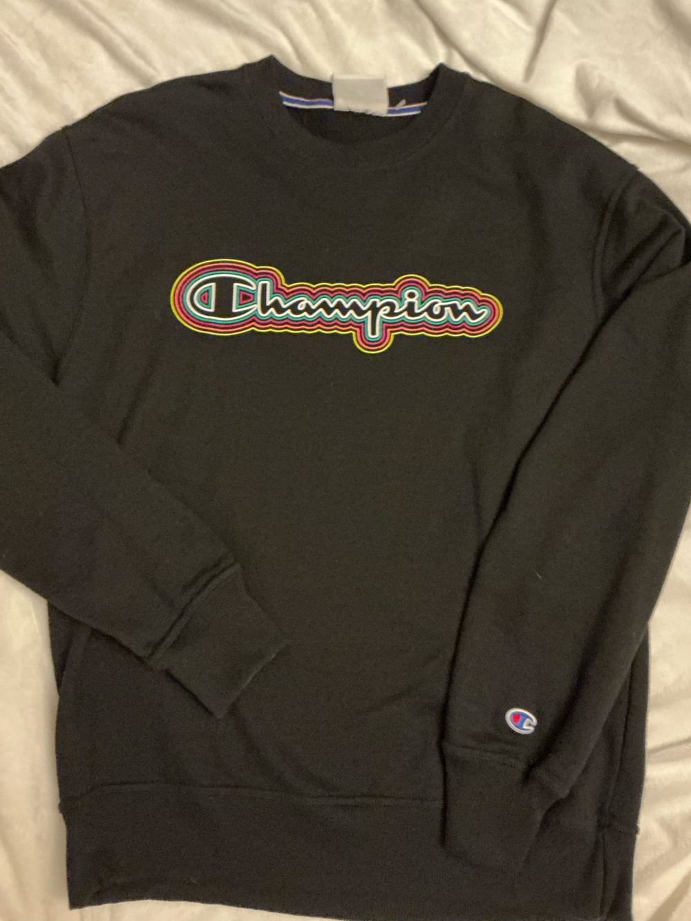 Champion Black Crewneck Sweatshirt with Multicolor Outlined Script